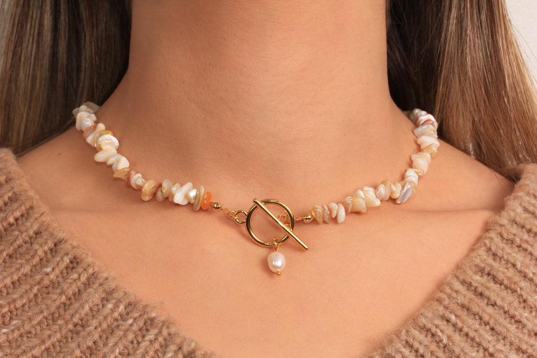 White Stone Beaded Necklace, Pearl Necklace, Toggle Clasp Necklace, Natural Stone Necklace, Everyday Necklace, JN5-32