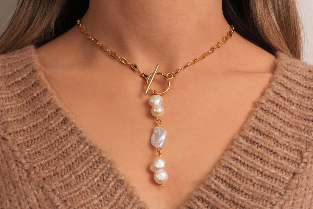 Gold Toggle Clasp Necklace, Drop Freshwater Pearl Pendant Necklace, Elegant Necklace, Everyday Necklace, JN5-33