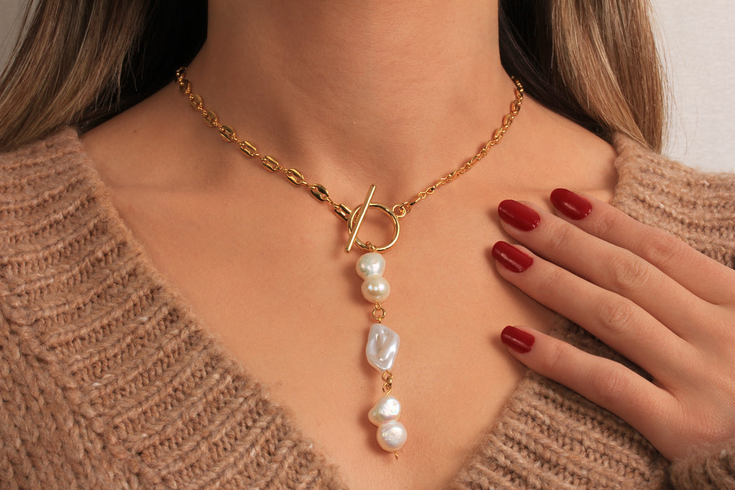 Gold Toggle Clasp Necklace, Drop Freshwater Pearl Pendant Necklace, Elegant Necklace, Everyday Necklace, JN5-33
