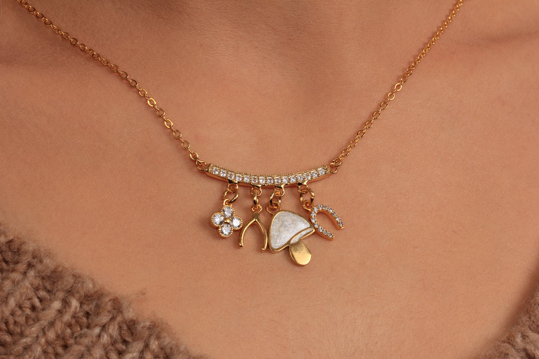 Cubic Zirconia Multi Charm Necklace, CZ White Stone Horseshoe Charm Necklace, Mushroom Necklace, Lucky Wishbone Necklace, JN5-34