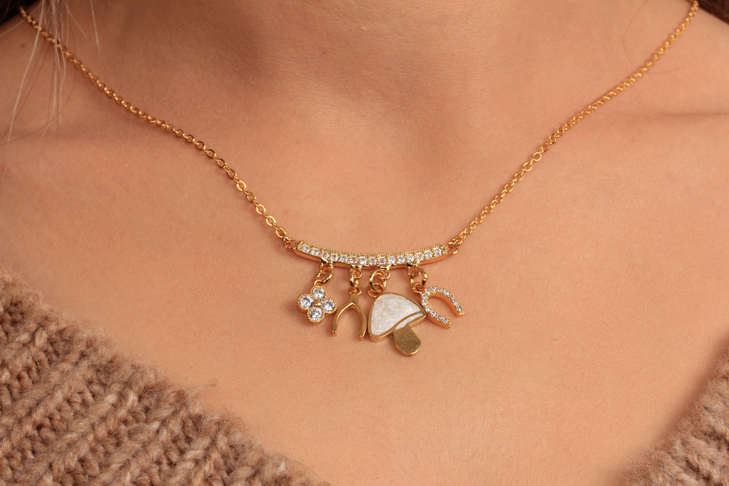 Cubic Zirconia Multi Charm Necklace, CZ White Stone Horseshoe Charm Necklace, Mushroom Necklace, Lucky Wishbone Necklace, JN5-34