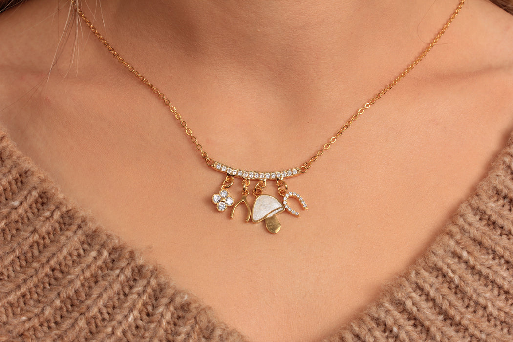 Cubic Zirconia Multi Charm Necklace, CZ White Stone Horseshoe Charm Necklace, Mushroom Necklace, Lucky Wishbone Necklace, JN5-34