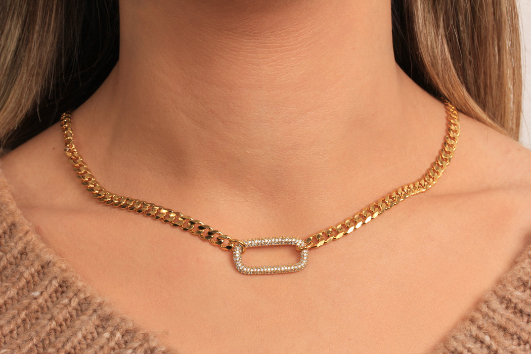 Gold Curb Necklace, Minimalist White Stone Pendant Necklace, Micro Pave Link Charm Necklace, Elegant Necklace, JN5-35