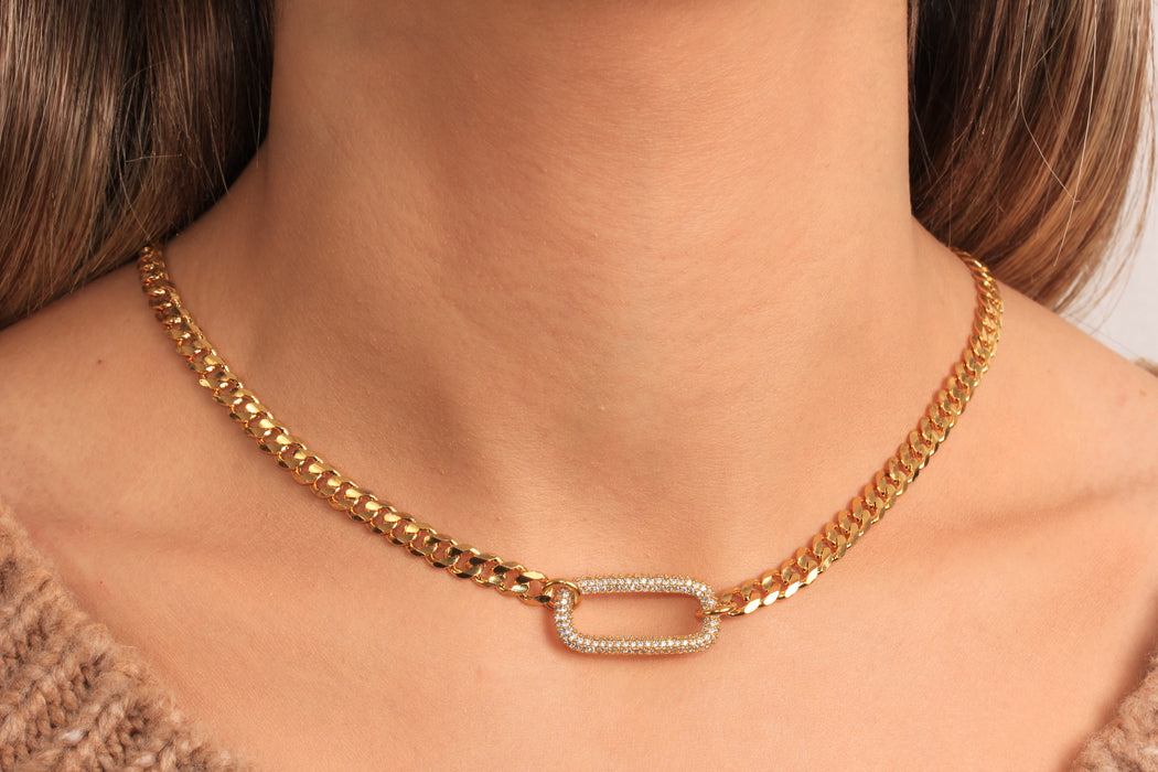 Gold Curb Necklace, Minimalist White Stone Pendant Necklace, Micro Pave Link Charm Necklace, Elegant Necklace, JN5-35