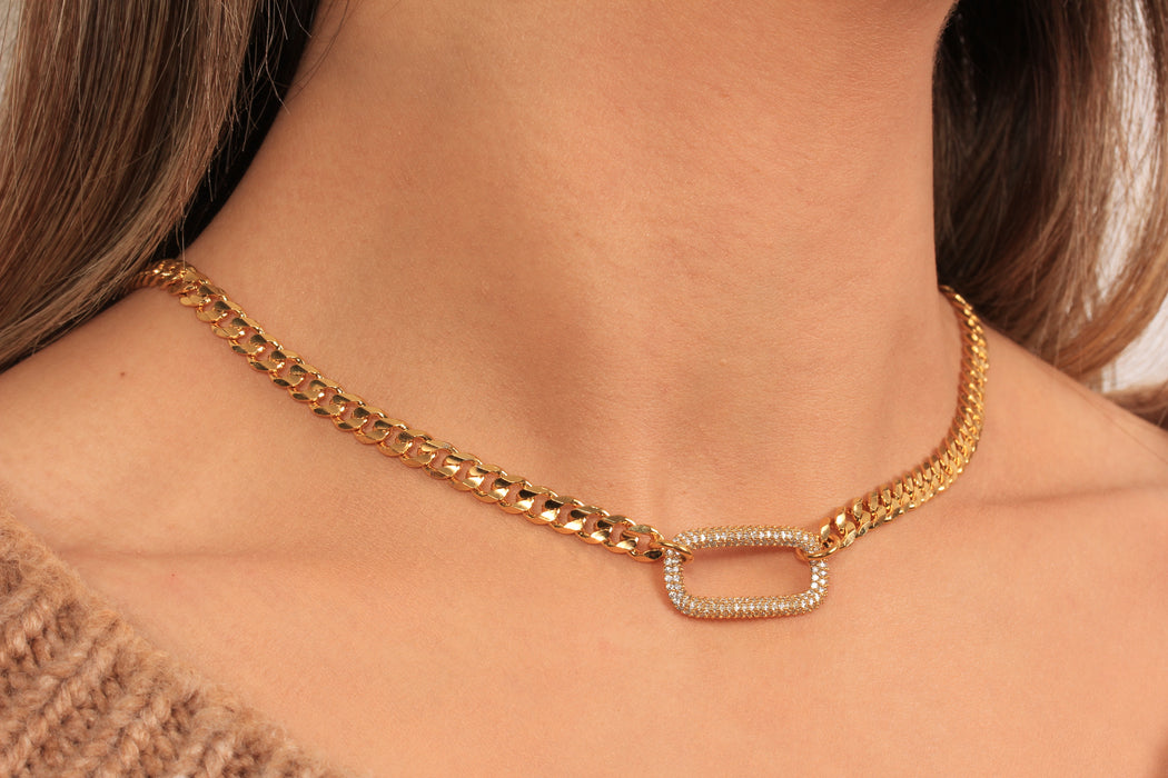Gold Curb Necklace, Minimalist White Stone Pendant Necklace, Micro Pave Link Charm Necklace, Elegant Necklace, JN5-35