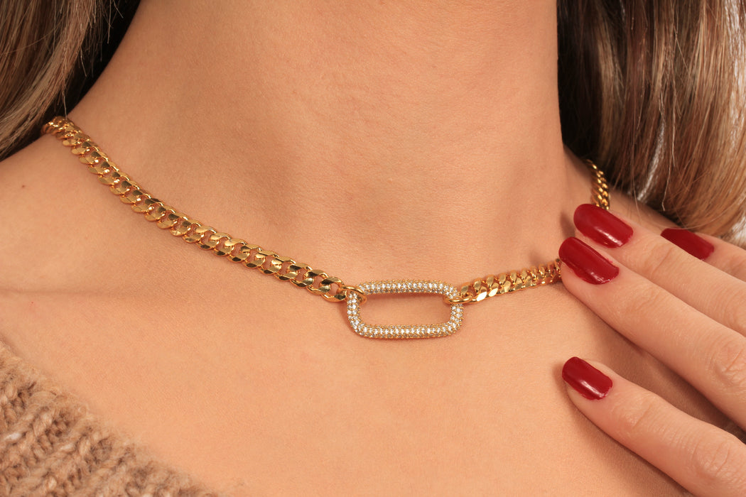 Gold Curb Necklace, Minimalist White Stone Pendant Necklace, Micro Pave Link Charm Necklace, Elegant Necklace, JN5-35