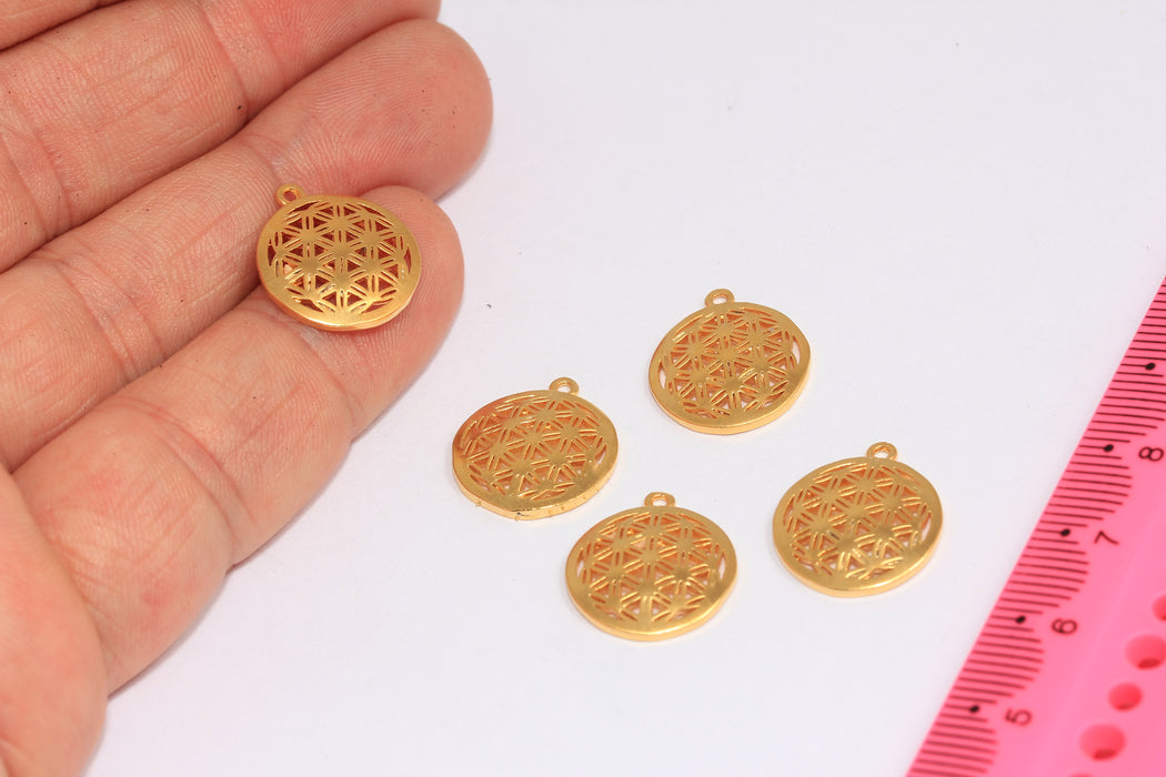 15x17mm 24k Matt Gold Plated Flower of Life, Flower Of Life Medallion, Sacred Geometry, Yoga Zen Charms, FRB43