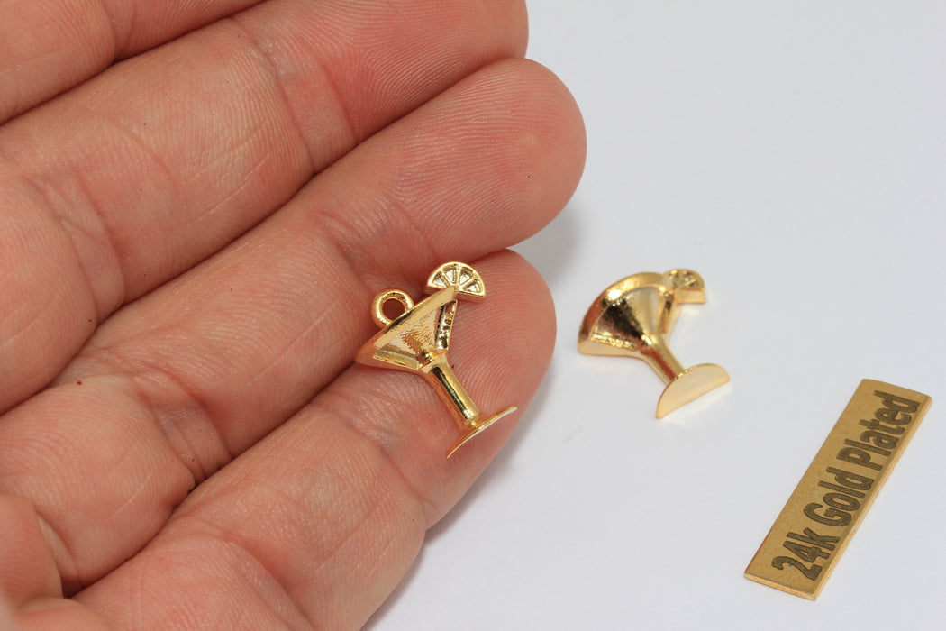 12mm Brass Martini Glass Charm, 24k Shiny Gold Plated Pendant, ZRCN307