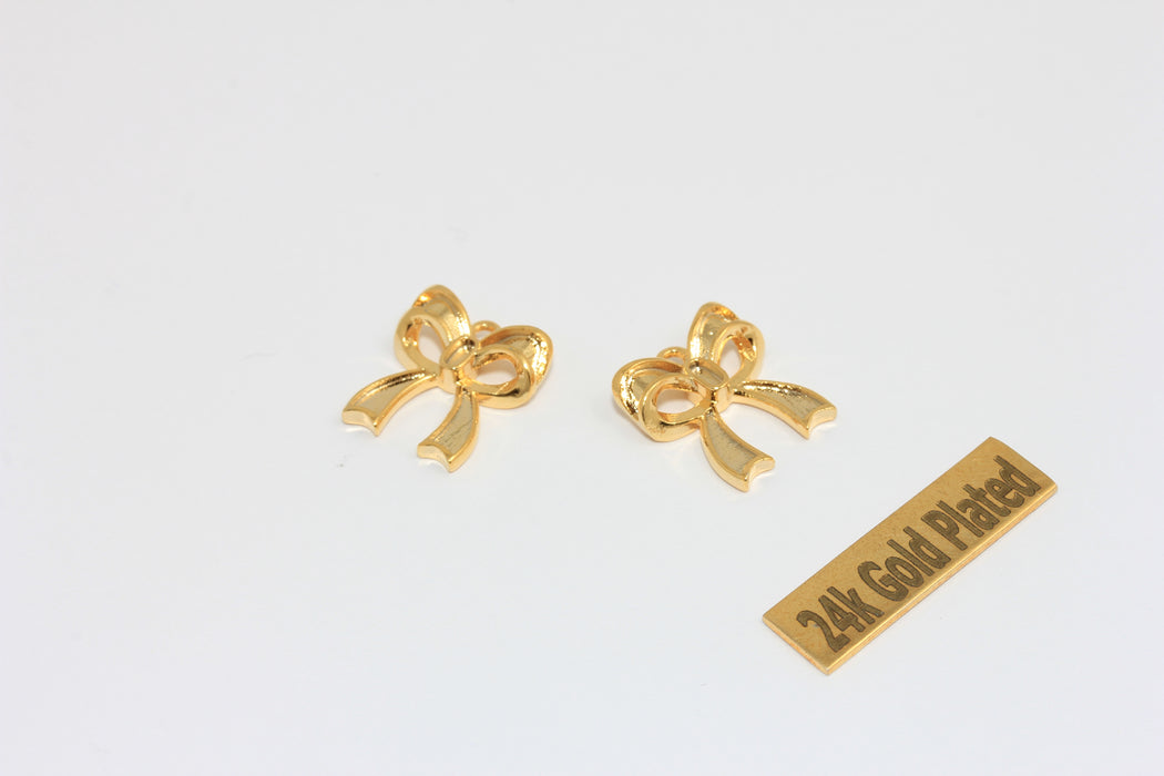 13mm 24k Shiny Gold Plated Bow Tie Charms, Brass Bracelet Findings, ZRCN44