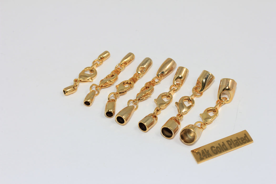 24k Shiny Gold Plated Brass Bead Caps, Lobster Clasp End Caps, crz10