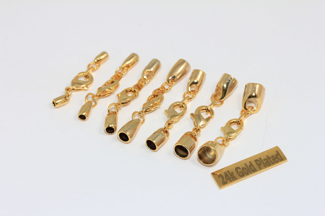 24k Shiny Gold Plated Brass Bead Caps, Lobster Clasp End Caps, crz10
