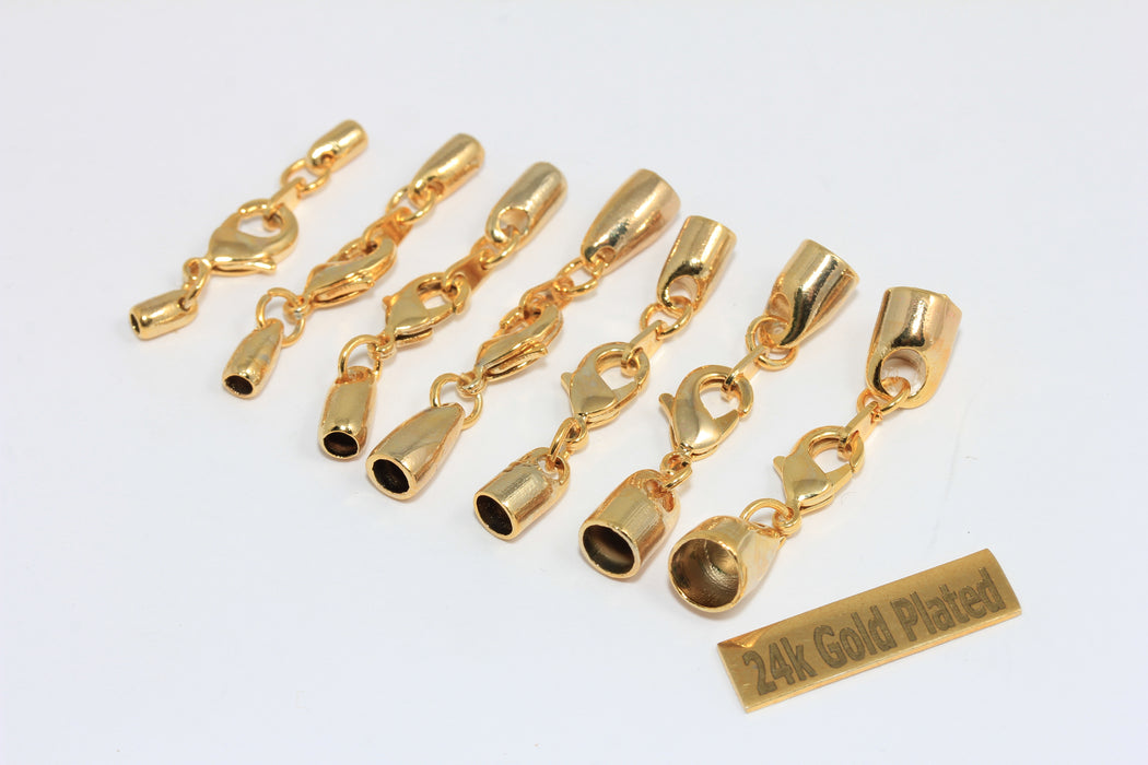 24k Shiny Gold Plated Brass Bead Caps, Lobster Clasp End Caps, crz10