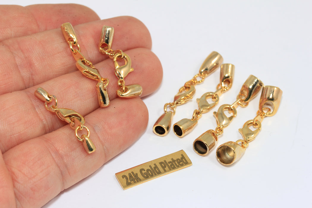 24k Shiny Gold Plated Brass Bead Caps, Lobster Clasp End Caps, crz10
