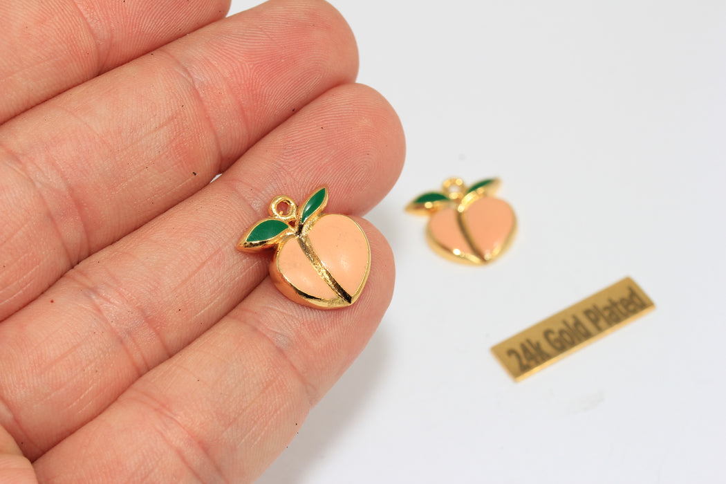 15mm 24k Shiny Gold Enamel Apricot Charm, Fruit Bracelet Beads, ZRCN406