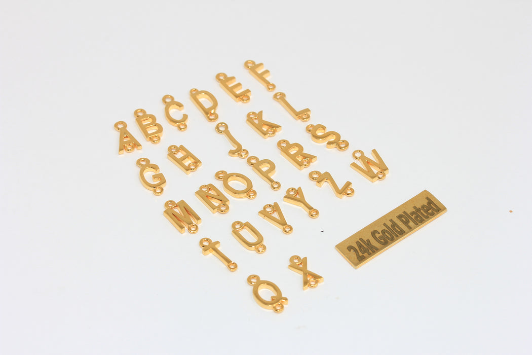 4x10mm - 24k Shiny Gold Plated Letter Charms With Two Loops, Initial Charms, Alphabet Beads,
