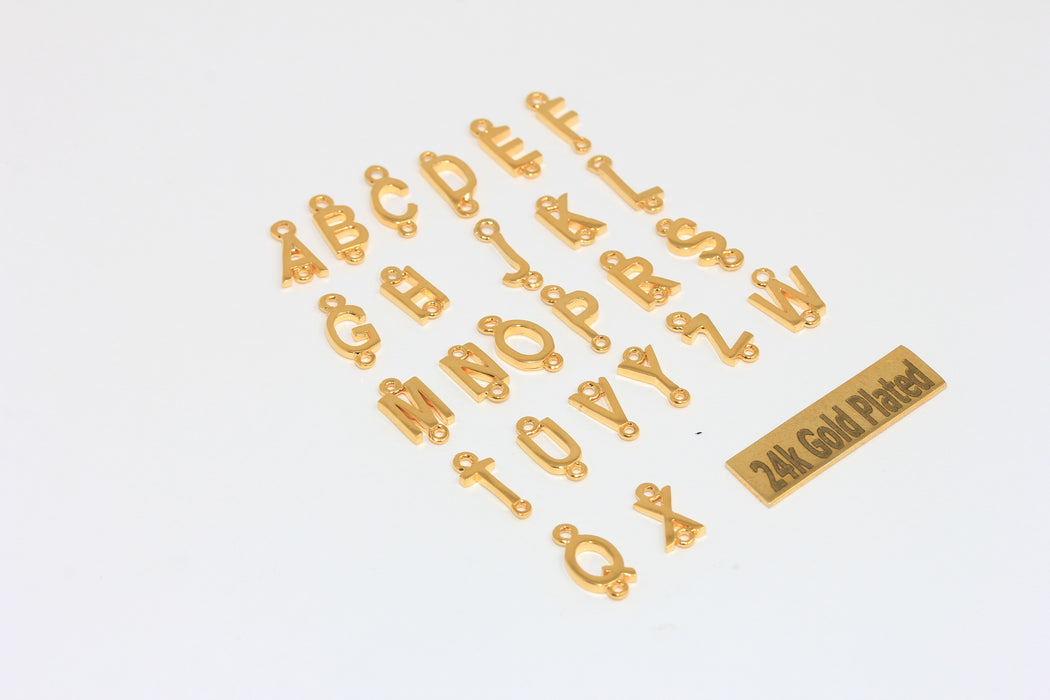 4x10mm - 24k Shiny Gold Plated Letter Charms With Two Loops, Initial Charms, Alphabet Beads,