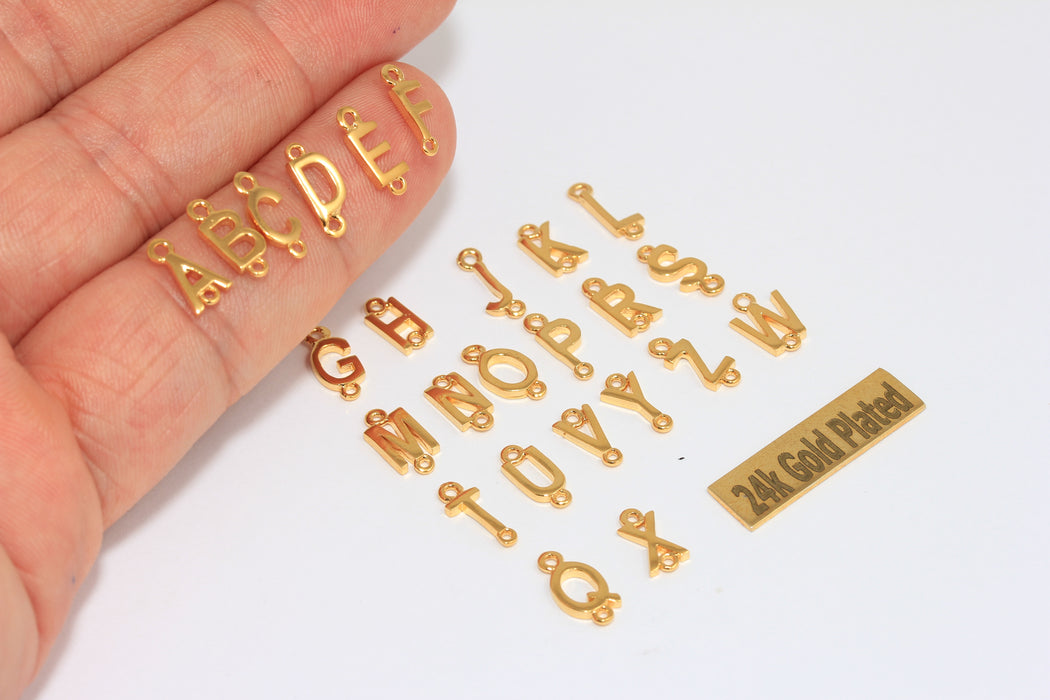 4x10mm - 24k Shiny Gold Plated Letter Charms With Two Loops, Initial Charms, Alphabet Beads,