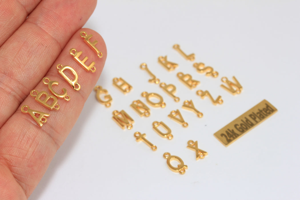 4x10mm - 24k Shiny Gold Plated Letter Charms With Two Loops, Initial Charms, Alphabet Beads,