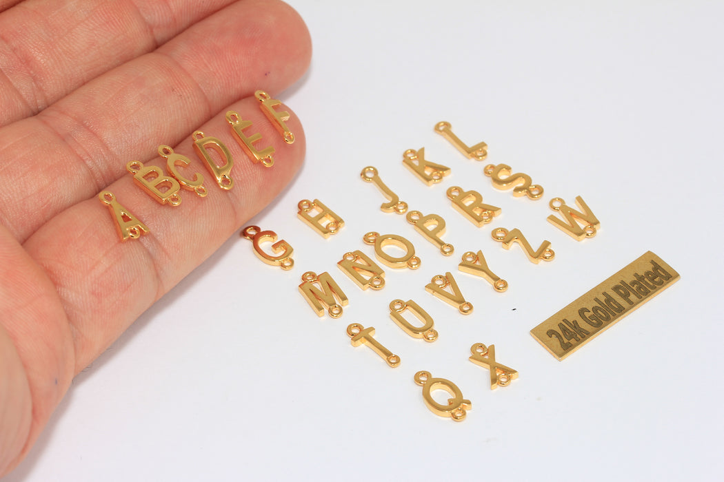 4x10mm - 24k Shiny Gold Plated Letter Charms With Two Loops, Initial Charms, Alphabet Beads,