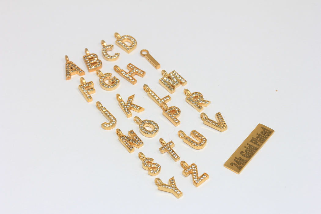 16x19mm 24 Ayar Parlak Altın Harf, CZ Beyaz Taşlı Harf Boncukları, CZ Balon Harfleri, HRF72