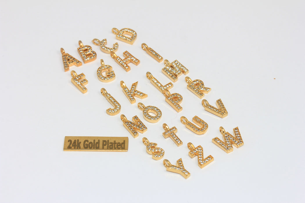 16x19mm 24 Ayar Parlak Altın Harf, CZ Beyaz Taşlı Harf Boncukları, CZ Balon Harfleri, HRF72