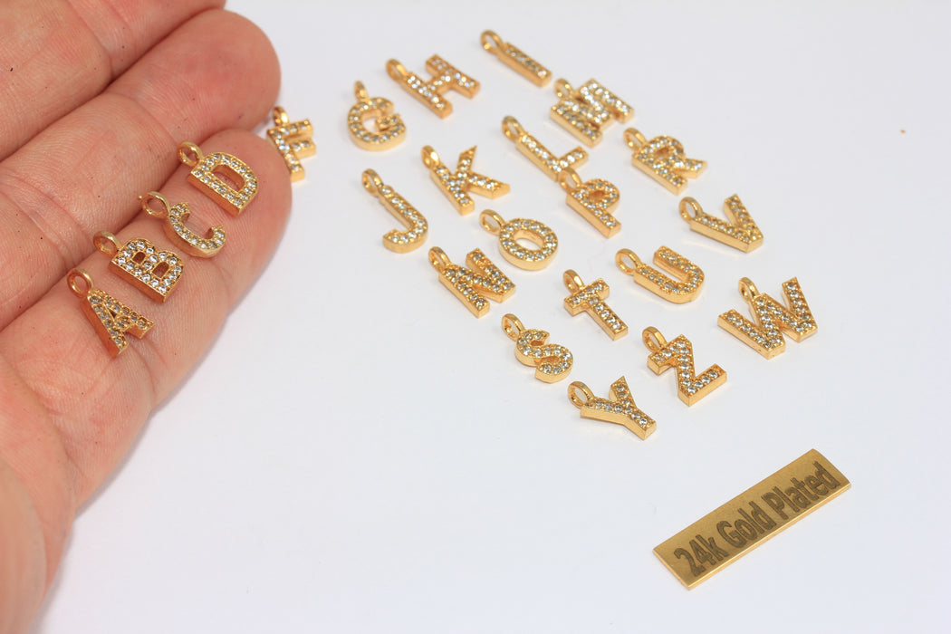 16x19mm 24 Ayar Parlak Altın Harf, CZ Beyaz Taşlı Harf Boncukları, CZ Balon Harfleri, HRF72