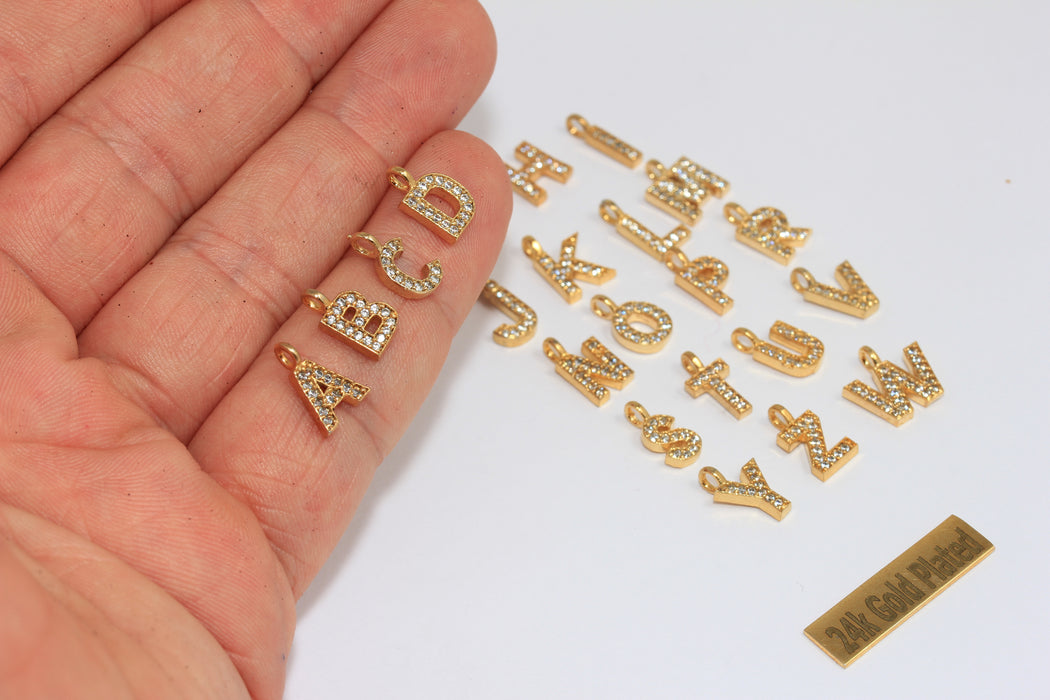16x19mm 24 Ayar Parlak Altın Harf, CZ Beyaz Taşlı Harf Boncukları, CZ Balon Harfleri, HRF72