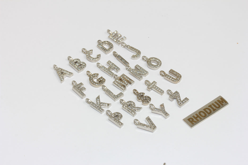 Rhodium Plated CZ Letter Charms, Micro Pave Alphabet Beads (6x7.5mm),
