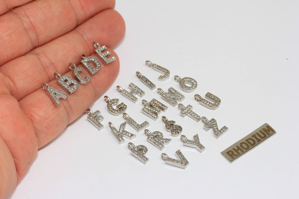 Rhodium Plated CZ Letter Charms, Micro Pave Alphabet Beads (6x7.5mm),