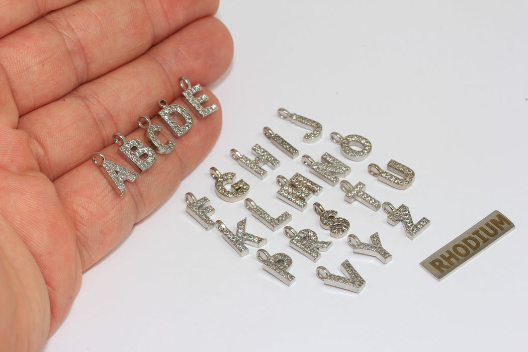 Rhodium Plated CZ Letter Charms, Micro Pave Alphabet Beads (6x7.5mm),