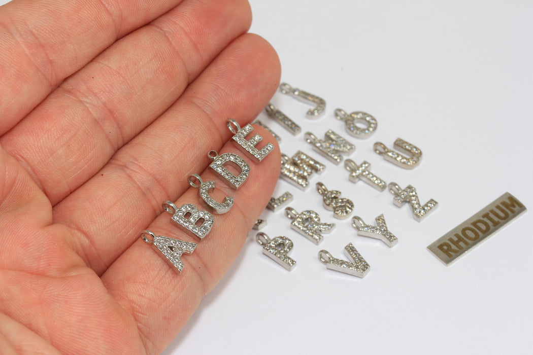 Rhodium Plated CZ Letter Charms, Micro Pave Alphabet Beads (6x7.5mm),
