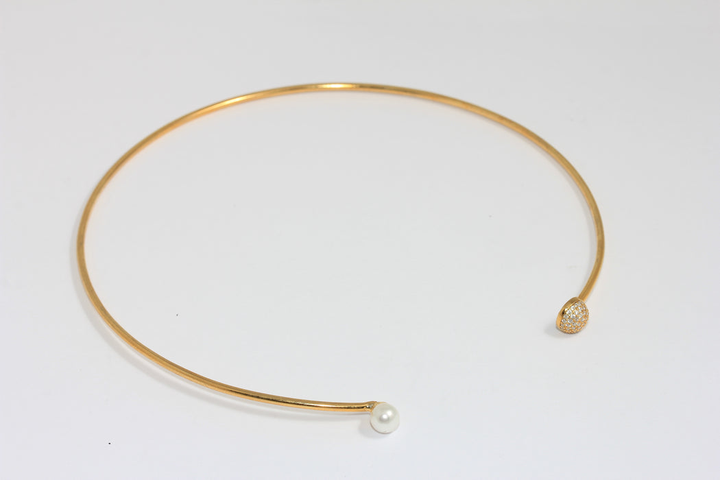 24k Gold Plated Choker Necklace With Pearl and CZ Ball, BXB277-6