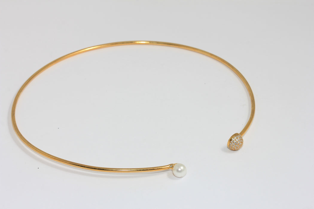 24k Gold Plated Choker Necklace With Pearl and CZ Ball, BXB277-6
