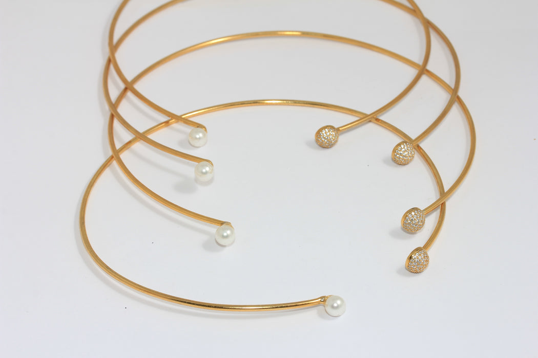24k Gold Plated Choker Necklace With Pearl and CZ Ball, BXB277-6