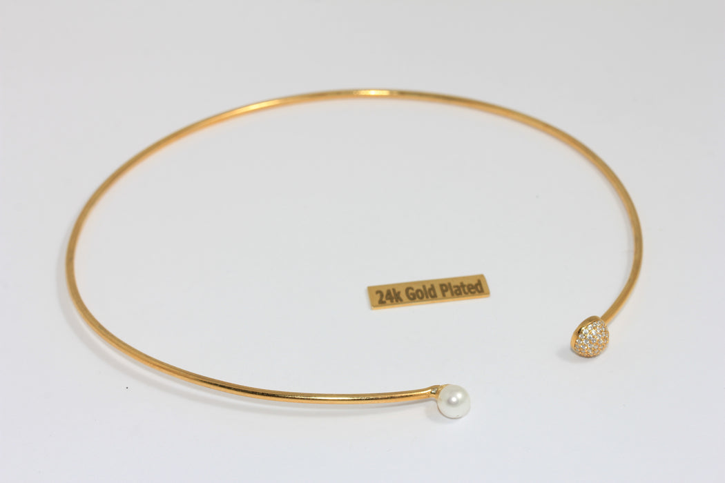 24k Gold Plated Choker Necklace With Pearl and CZ Ball, BXB277-6