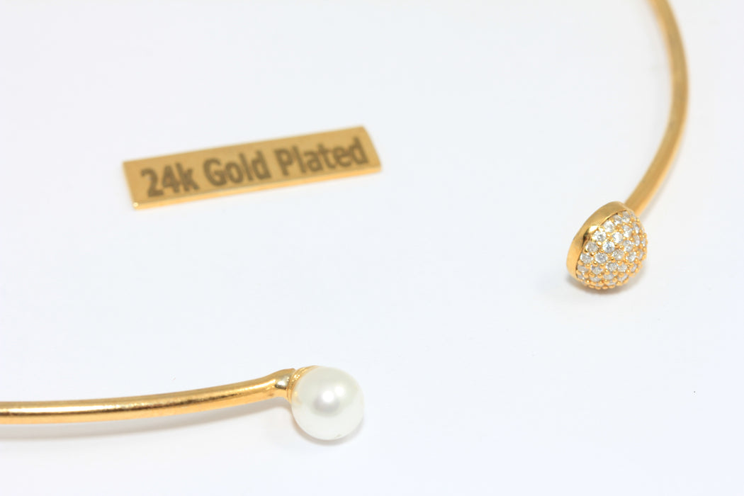 24k Gold Plated Choker Necklace With Pearl and CZ Ball, BXB277-6