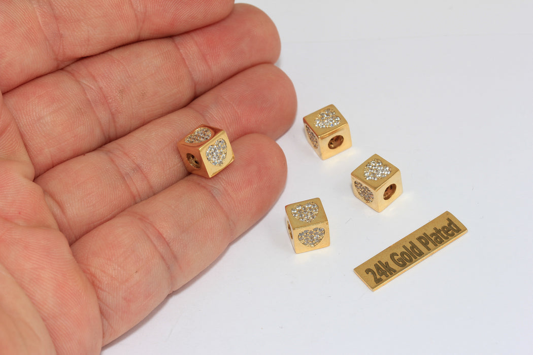 8x8mm 24 ayar Parlak Altın CZ Kalp Boncukları, Küp Kalp, BRT879