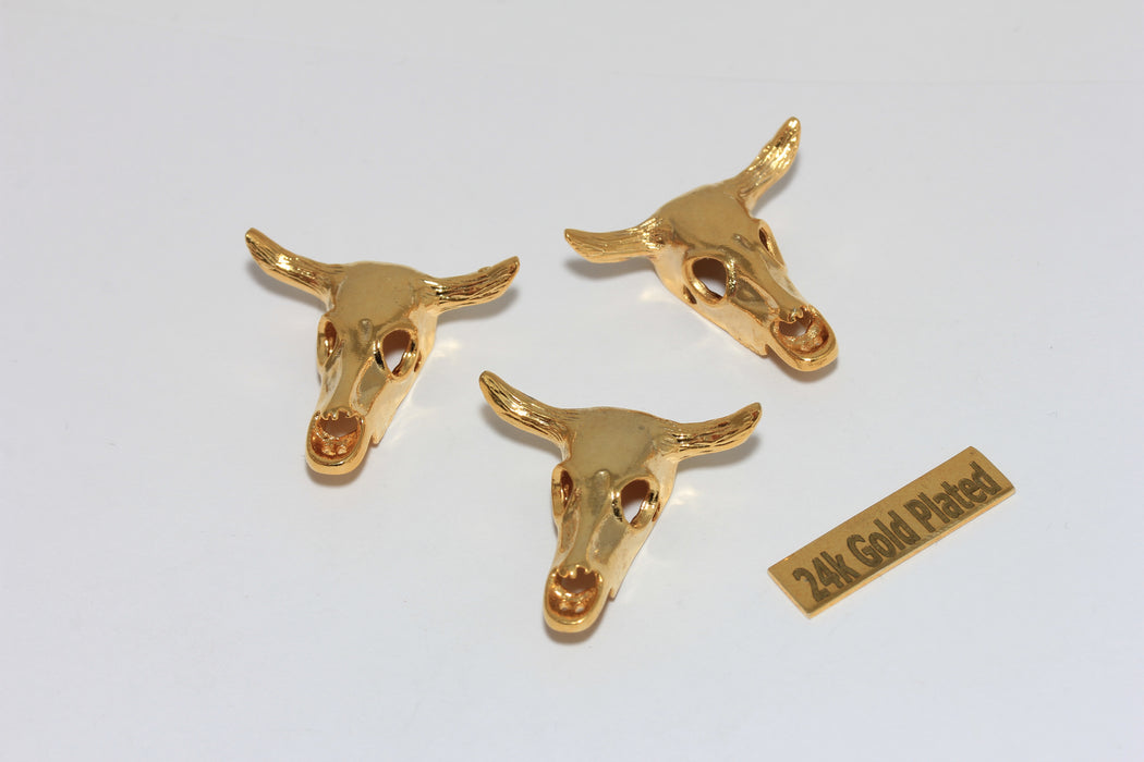 28mm 24k Shiny Gold Plated Cow Skull Charm, Buffalo Head Charms, BRT878