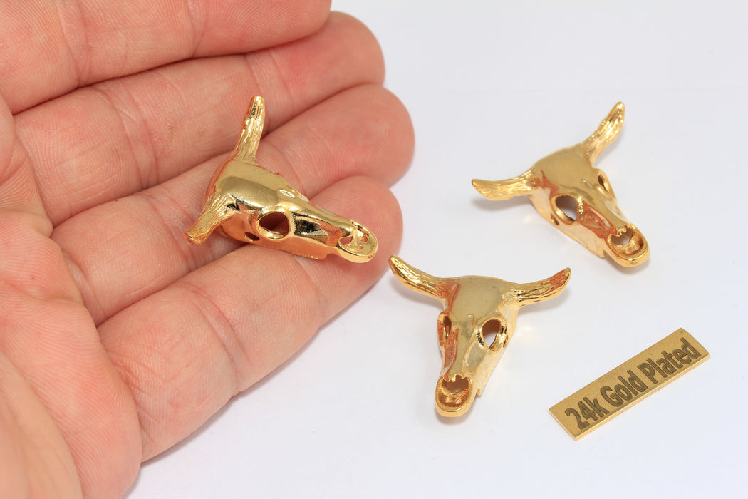 28mm 24k Shiny Gold Plated Cow Skull Charm, Buffalo Head Charms, BRT878