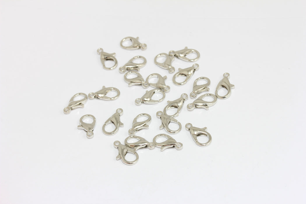 12mm Rhodium Plated Claw Clasp, Lobster Clasp, Silver CLO24