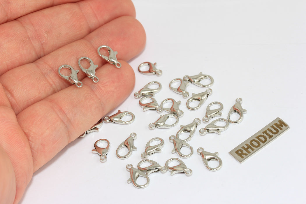12mm Rhodium Plated Claw Clasp, Lobster Clasp, Silver CLO24