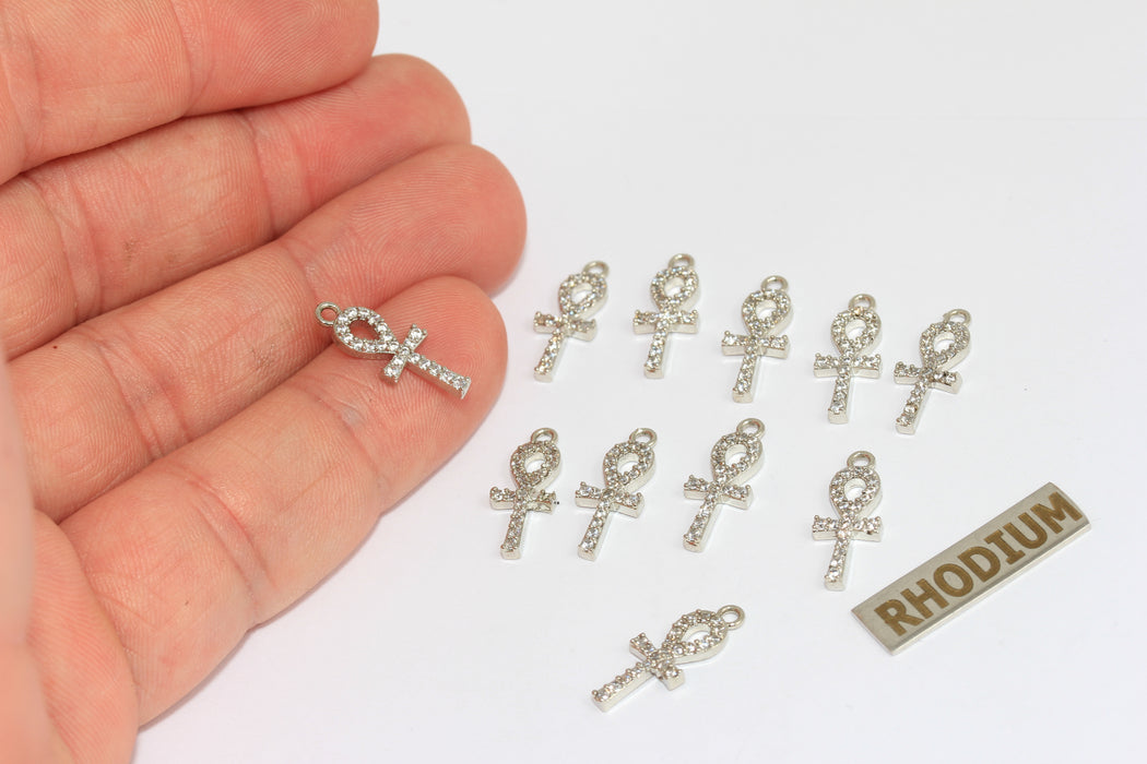 7x17mm 24k Rhodium Plated Ankh Charm, Ankh Necklace,  BRT863