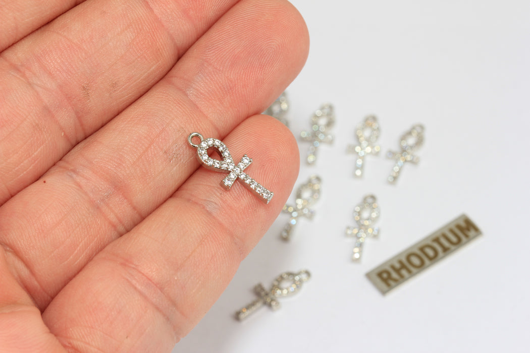 7x17mm 24k Rhodium Plated Ankh Charm, Ankh Necklace,  BRT863