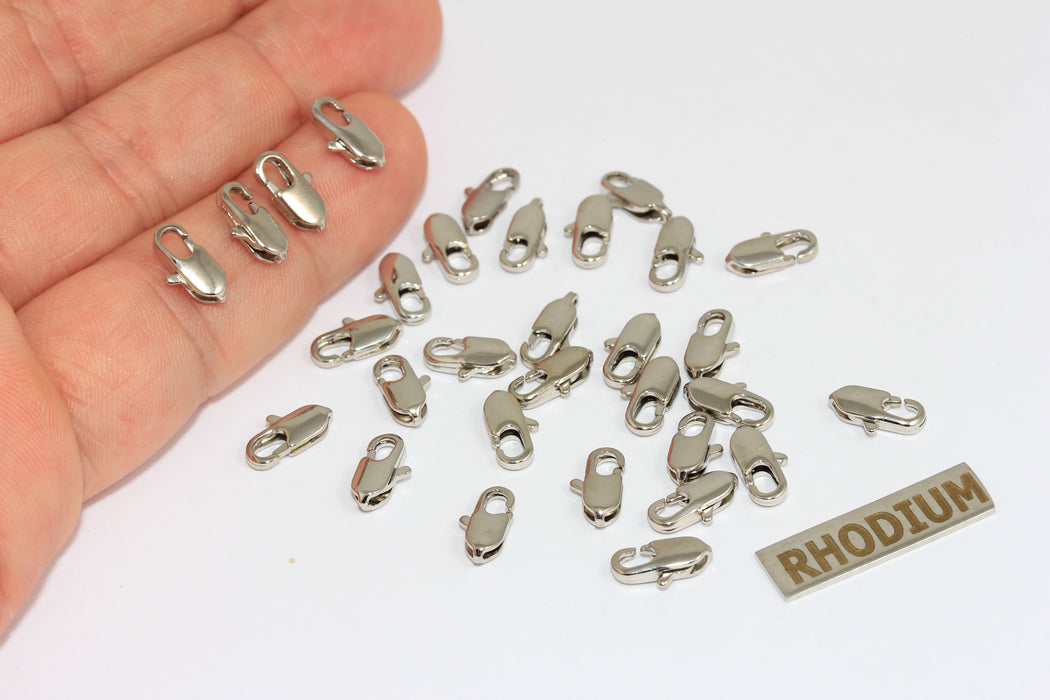 Chiusura a moschettone placcata in rodio 4x10 mm, chiusura a griffe, chiusura a moschettone placcata in argento, CLO17