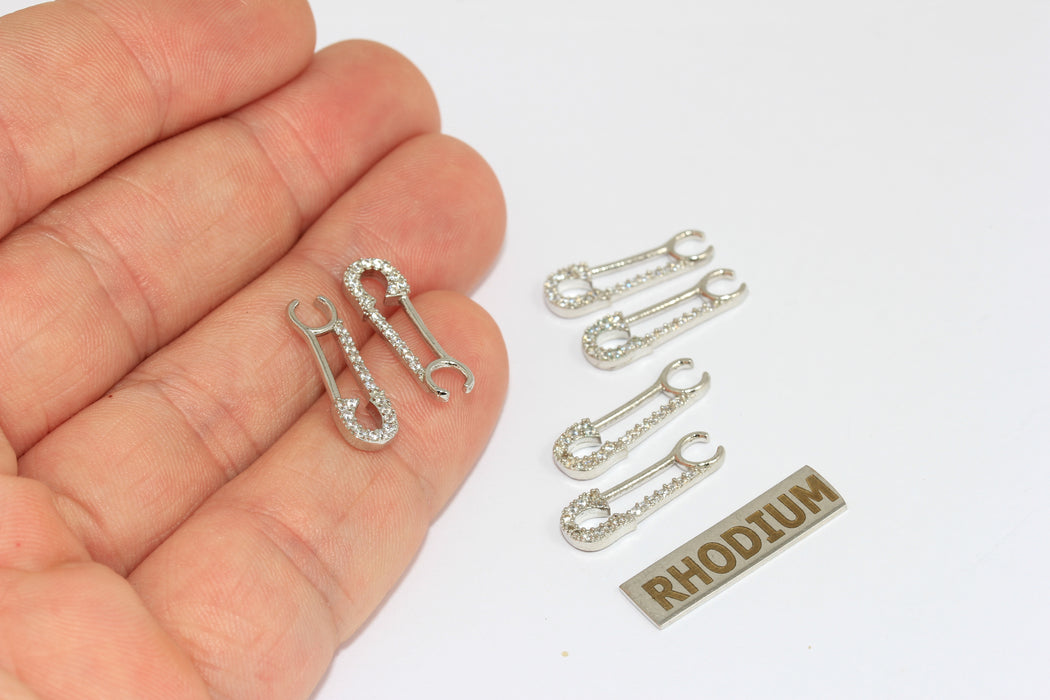 6,5x20mm Rhodium Plated Cz Safety Pin Charm, Safety Pin Pendant, White Stone Pin Charms,BRT877