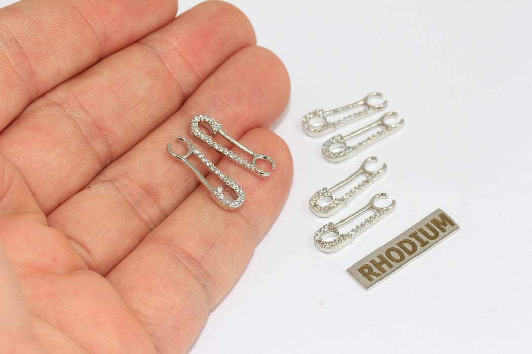 6,5x20mm Rhodium Plated Cz Safety Pin Charm, Safety Pin Pendant, White Stone Pin Charms,BRT877