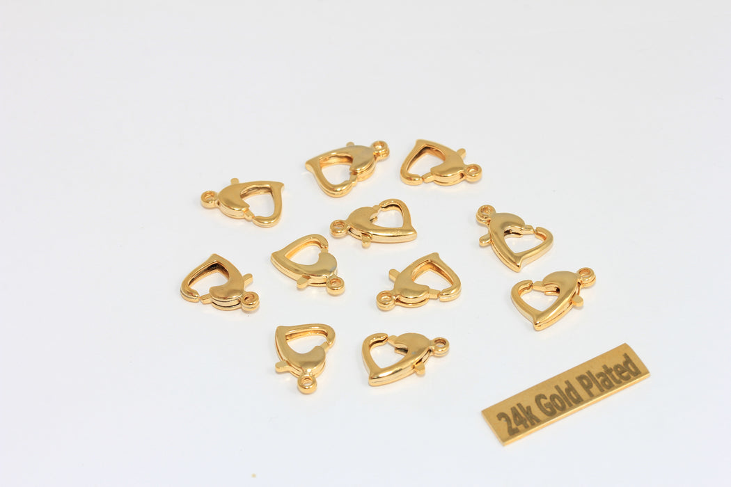 9x12mm 24k Shiny Gold Lobster Clasps, Claw Clasp, Heart-Shaped Lobster Clasp, Heart Necklace Closures, Gold Plated Jewelry Findings, CLO7