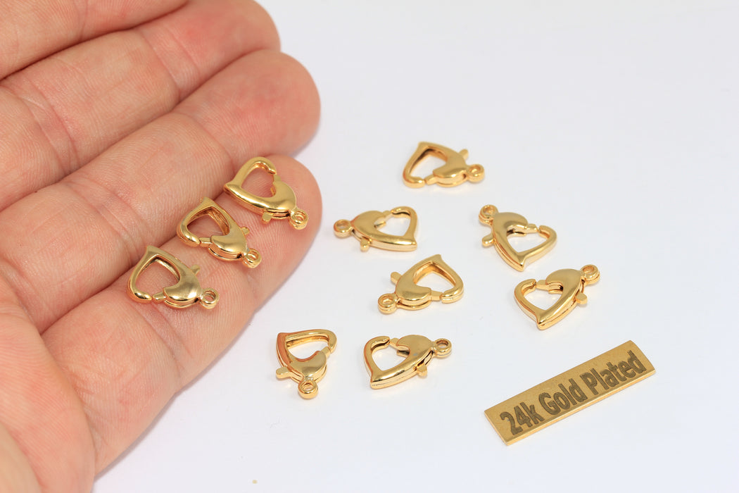 9x12mm 24k Shiny Gold Lobster Clasps, Claw Clasp, Heart-Shaped Lobster Clasp, Heart Necklace Closures, Gold Plated Jewelry Findings, CLO7
