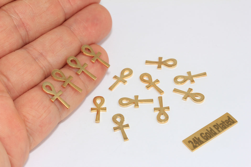 6x15mm 24 ayar Parlak Altın Kaplama Ankh Charms, Ankh, Life, BRT860