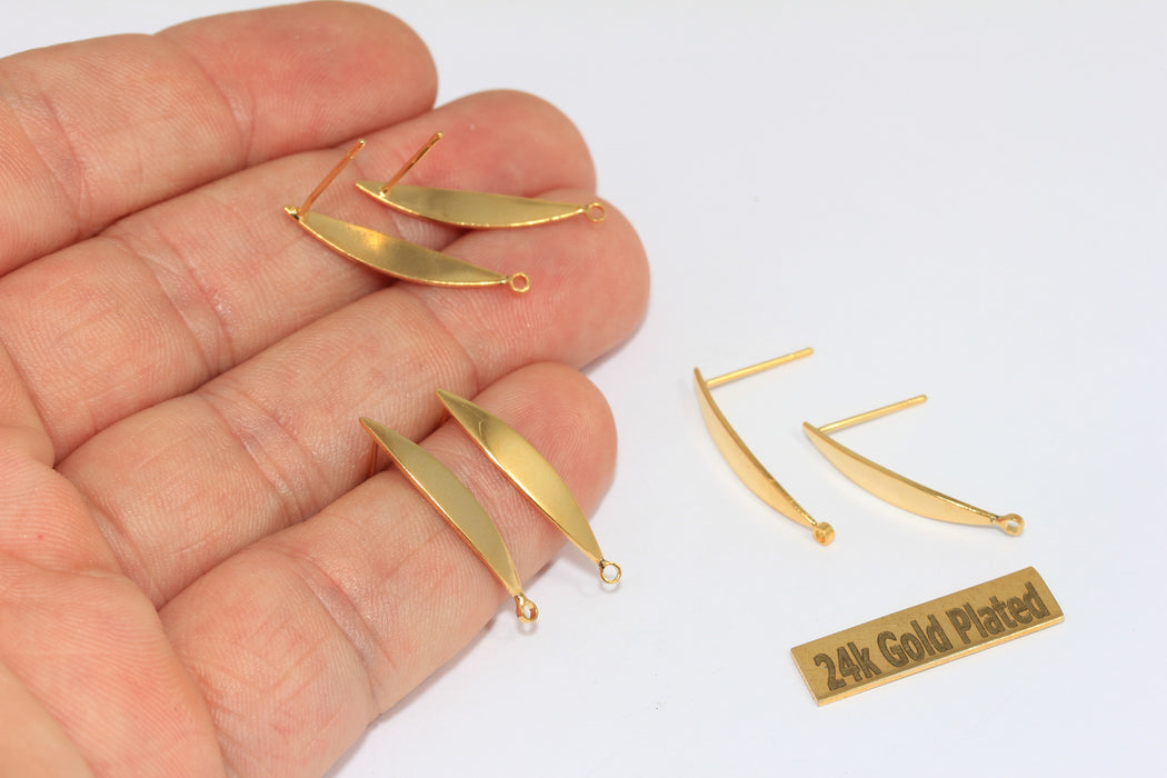 4x24mm 24k Shiny Gold Leaf Earrings, Drop Stud Earrings, BRT856